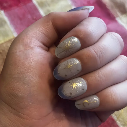 24pcs Romantic Y2k Star Press On Nails Gradient Blue French Style Gold Moon Designs Fake Nail Sweet Almond False Nails For Women