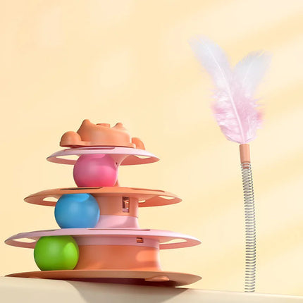 Interactive Cat Turntable Toy Feather Wand Rolling Ball Self Play Kitten Boredom Relief Indoor Pet Playing Accessory