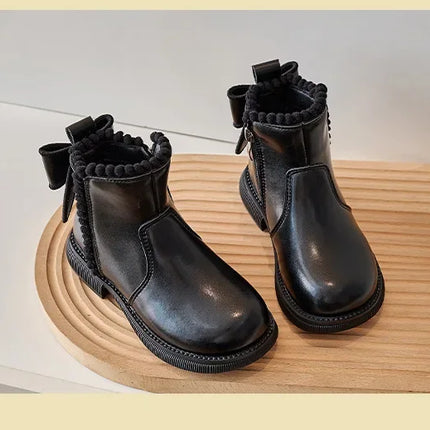 Girls Ankle Boots with Back Bow-knot Kids Short Boots Soft Sole 2025 New Girls' Princess Leather Boots with Warm Cotton Side Zip
