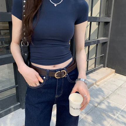 American style spicy girl shoulder T-shirt for women in summer 2025, tight fitting and slimming short top, basic elastic short s