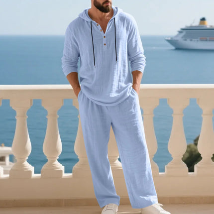Men's Cotton Linen Casual Set 2 Pieces Spring Summer Loose Fit Hooded Shirt & Pants Set Breathable Vacation 2 Piece Set for Man
