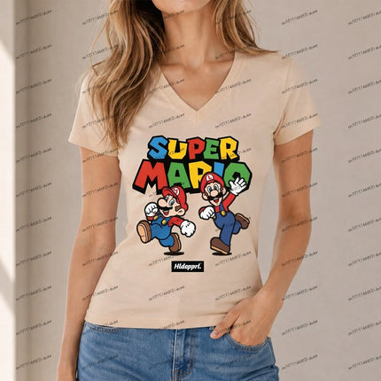 New Y2k T-shirt Super Mario Women T-shirt Hot Sale V Neck Harajuku Style XS-5XL Fashion Cuteore Party Short Sleeve Women's Anime