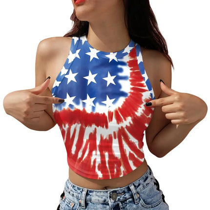 Nadanbao Women's Vest Summer Casual American Flag Tie Dyeing Cropped Tight Sleeveless T-Shirt Streetwear Crop Tops Y2K Tees