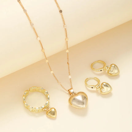 Korea New Hot Sale Peach Heart Pendant Earrings Necklace Rings Light Luxury Design Three-Piece Sets Trend Party Jewelry Gift Sets