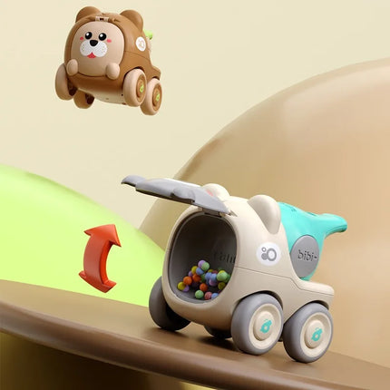 Baby Animal Small Car Toy with Recoil Mechanism Whistle Can Open The Lid To Release Small Items, Inertia Sliding Baby Puzzle Toy