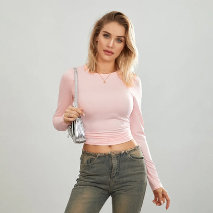 Women's Long-Sleeve Basic T-Shirts Solid Color Crew Neck Casual Shirts Fall Slim Fit Tops Streetwear