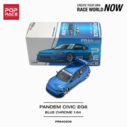In Stock Pop Race PR640206 1:64 Honda Civic EG6 Pandem Widebody Kit Blue Chrome Diecast Model Car