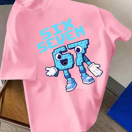 Blue Robot Six Seven Pattern Printed 1-Piece Casual Sports Short-Sleeve Soft Fabric Clothing for Boys and Girls, Trendy Brand Sportswear for Older Children, Gift for Brothers and Children as a Christmas Present