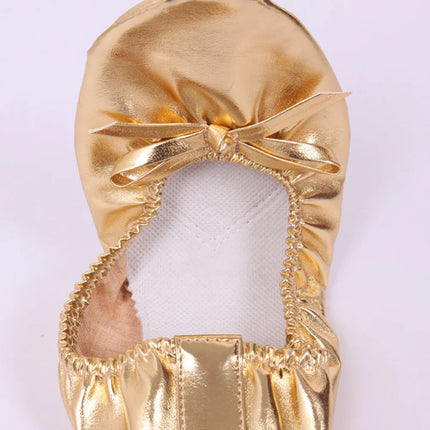 Comfortable Bowknot Belly Dancing Shoes Leather Golden Indian Dance Shoes Foldable Round Toe Foldable Ballet Flats Ladies