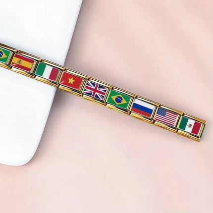 World Flag Range National Flag Bracelet Golden Module Italian Bracelet Charm Links Fit 9mm Stainless Steel DIY Making Jewellry