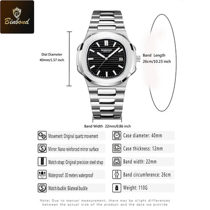 BINBOND Luxury Military Man Watch Square Waterproof Luminous Date Week Men Watch Stainless Steel Quartz Men's Watches Reloj