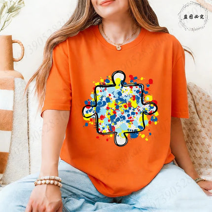 2026 Trendy Women's Autism Awareness T-shirts Creative Colorful Splatter Puzzle Graphic Female Clothing Short Sleeve Casual Tees