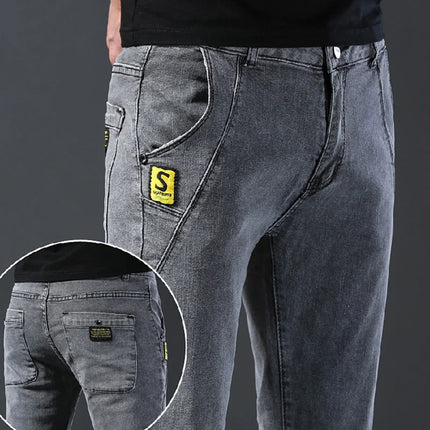 Men's Fashion Letters Denim Pants Slim Straight Gentleman Slacks Fashion European American Style Stretch Men Luxury Jeans Grey