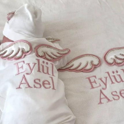 Dollbling Hospital Exit 5pcs Embroidery Name Newborn Angle Wings Romper Blanket  Nursery Bedding Swaddle Handmade Infant Outfit