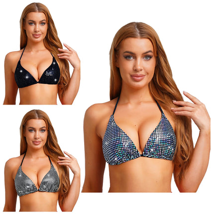 Women Sissy Metallic Shiny Bikini Top Triangle Cup Backless No-wire No-Pad Lace-up Bra Top Beachwear Swimsuit Underwear Brassier