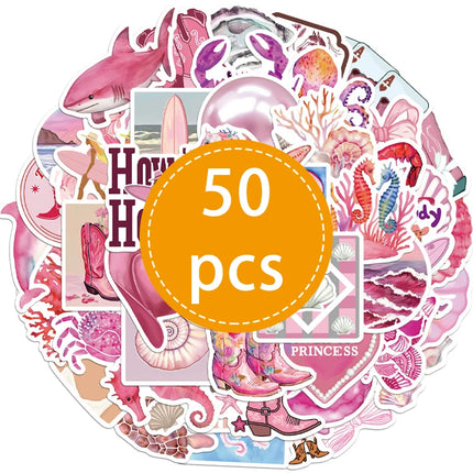 50PCS Aesthetic Pink Ocean Stickers Pack Pink Summer Graffiti Beachy Stickers for Luggage, Journal, Laptop, Kindle, Scrapbook