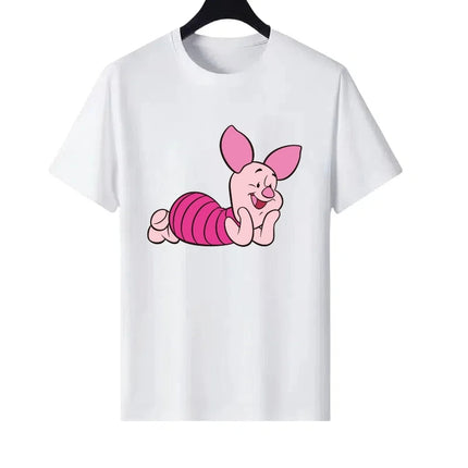 Disney Pooh Bear Piglet Pattern Woman Round Neck Loose Parent-child Clothing Tops Ladies Comfort Short Sleeves T-Shirt Blouses