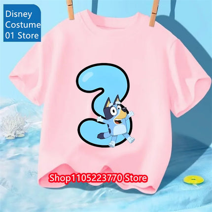 Kids Bluey 2-4 Birthday Number T-Shirt Autumn Winter Cartoon Printed Short Sleeve Tee for Boys Girls
