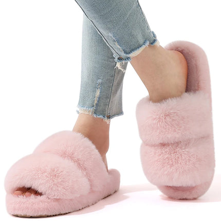 Evshine New Open Toe Fluffy Slippers Indoor Warm Fur Female Slides Fashion Plush Women House Shoes Women Winter Fuzzy Slippers