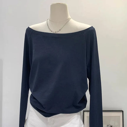 One Shoulder Cotton Slant Shoulder Long Sleeve Women's Interior-Style Wide Truffle Shoulder Base Autumn Winter Shirt
