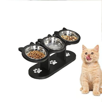 Elevated Black Cat Ear 3 Bowl Cat Feeder Solid Wood Frame and Stainless Steel Bowls Pet Feeding Rack for Indoor Multiple  Cats