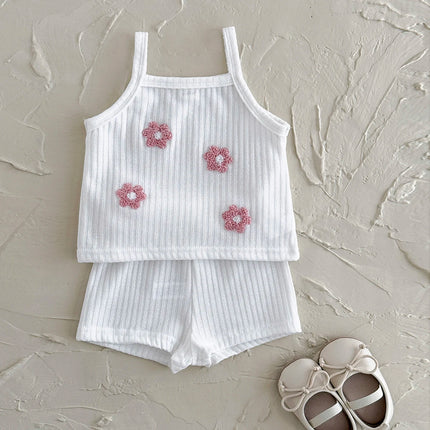 2Pcs/set Summer New Baby Girls Clothing Casual Newborn Set Pink Towel Embroidery Cute Vest-type T-shirt+Shorts Baby Set