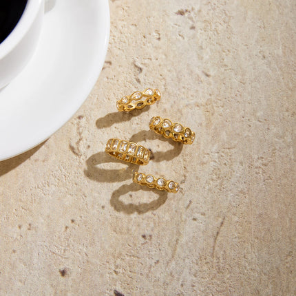 Uworld Minimalist 18K Gold Color Plated Stainless Steel Zircon Water Drop shaped Sparkling Ring Stackable Heart Shaped Full Zirc