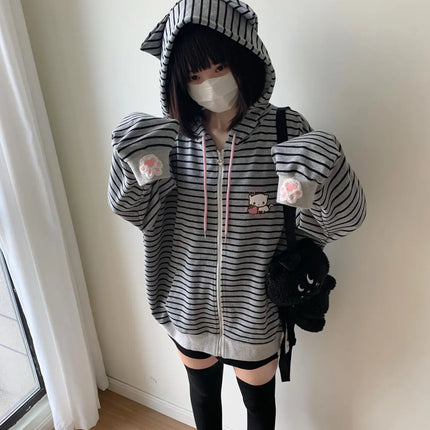 Strawberry Cat Embroidered Striped Hoodies Women Top Japanese Subculture Cute Cat Ear Black Grey Loose Harajuku Coat for Women