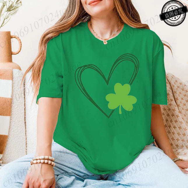 St Patrick's Day Tshirt Shirt for Women Lucky Heart Design Woman T-Shirts Short Sleeve St Patricks Fashion Female Tee Clothing