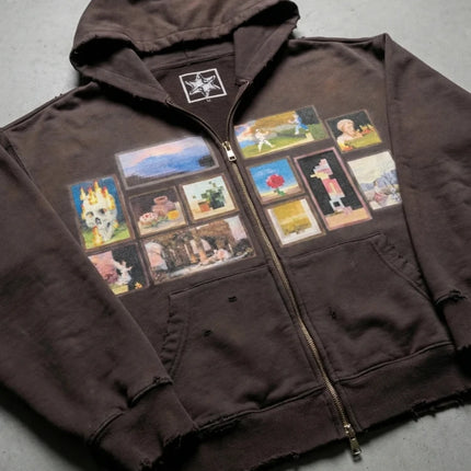 Y2K Retro Gallery Hoodie Brown Pixel Painting Art Pattern Zip Up Sweatshirt Trendy Classic Streetwear Unisex Oversize Clothing