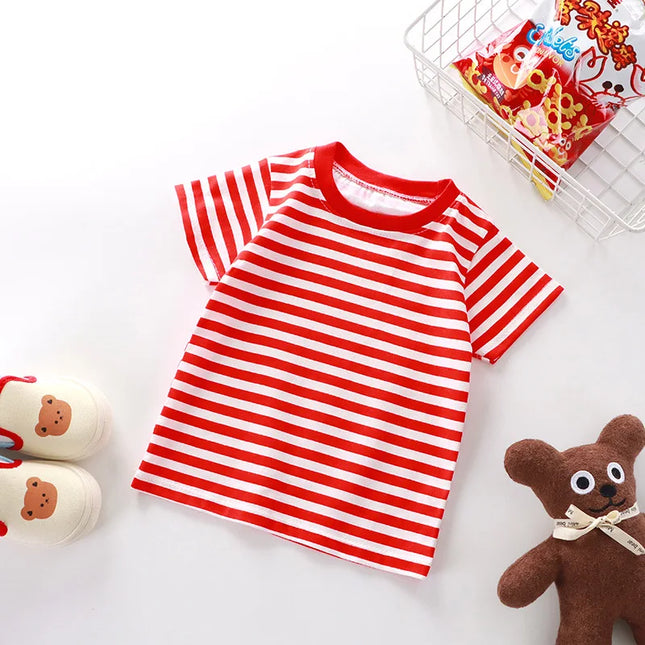100% Cotton Fashion Baby Tshirt Summer Children's Boys Short-sleeved Stripe T-shirt Kids Boy Girl Top Clothes