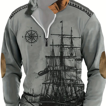 Autumn and Winter Distressed Sailboat Print Men's Casual and Comfortable Long-Sleeved Polo Shirt