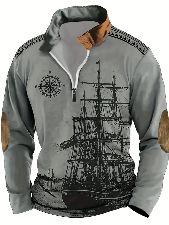 Autumn and Winter Distressed Sailboat Print Men's Casual and Comfortable Long-Sleeved Polo Shirt