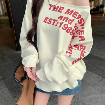 Sexy Oversized T-shirt Women Streetwear Letter Print Skew Collar Off Shoulder Long Sleeve Basic Top Korean Fashion Loose T-shirt