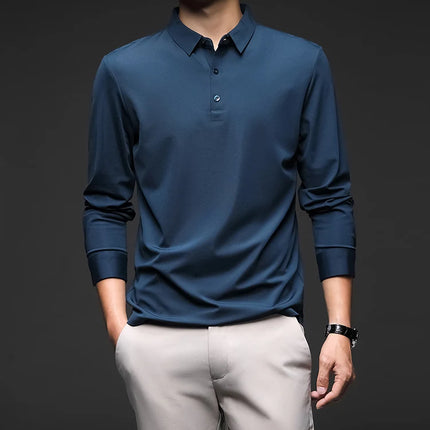 Minglu Mulberry Silk Men's Polo Shirts Luxury Long Sleeve Solid Color Golf Male T-shirts Spring Autumn Business Casual Man Tees