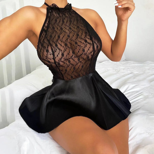Women's Fashion Solid Color Strap Sexy Lace Nightdress Underwear Hot Sexy Hollow Out Halter Black A-line Mini Dress