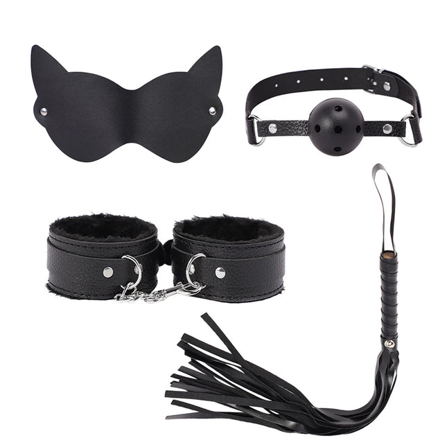 Erotic BDSM Kits for Couples Leather Adjustable Handcuffs with Ankle Cuffsmouth Plugs Plush Bondage Set Slave Toys for Women Men