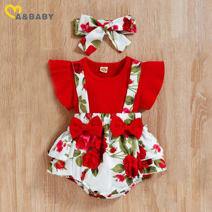 ma&baby 0-18M Baby Girl Romper Newborn Toddler Infant Jumpsuit Floral Doughnut Print Overalls Headband Summer Outfits Clothing