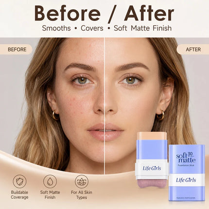 2 in 1 SPF30 Foundation Stick with Built-in Brush Soft Matte Full Coverage Waterproof Long Wear Concealer Makeup Base