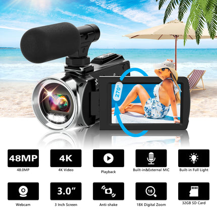 4K Camcorder with Microphone 18X Zoom Infrared Vlogging Video Camera for Youtube 48MP Portable Digital Recorder Live Streaming