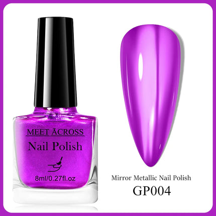 MEET ACROSS 8ml Glass Bottle Metallic Nail Polish Super Silver Gold Mirror Effect Nail Art Polish DIY Manicure Without Lamp