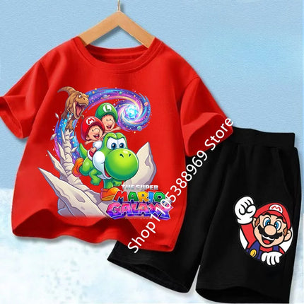 High Quality Kids 2Pcs Set Marios Cartoon Short Sleeve T-Shirt + Elastic Waist Shorts Comfortable Summer Children Clothing Suits