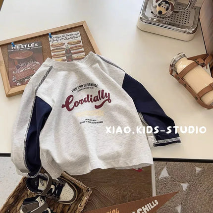 Spring Children Boys Long Sleeves YBFSKID Spliced Letter Print Kids Baby Boys Undershirt Round Collar Casual Toddler Boy T-shirt