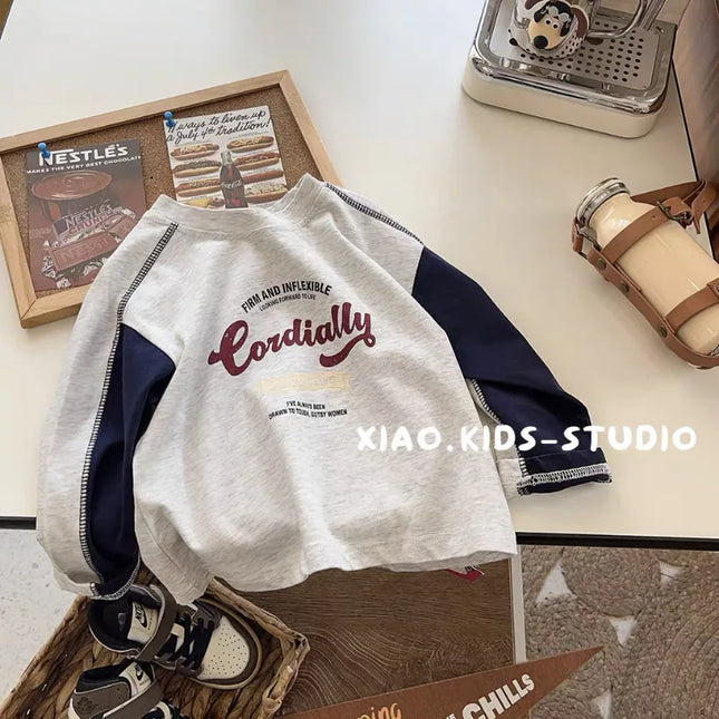 Spring Children Boys Long Sleeves YBFSKID Spliced Letter Print Kids Baby Boys Undershirt Round Collar Casual Toddler Boy T-shirt