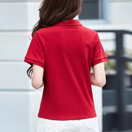 European Station Polo Neck Short sleeved T-shirt Women's Summer New Fashion Light Luxury Loose Large Cotton V-neck Casual Top
