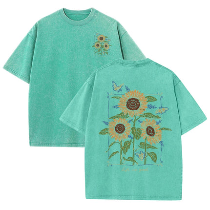 Lift Is Good Beautiful Sunflower Print Washed T-Shirts Women Soft Cotton T-Shirt Street Creative Short Sleeve Summer Casual Tops