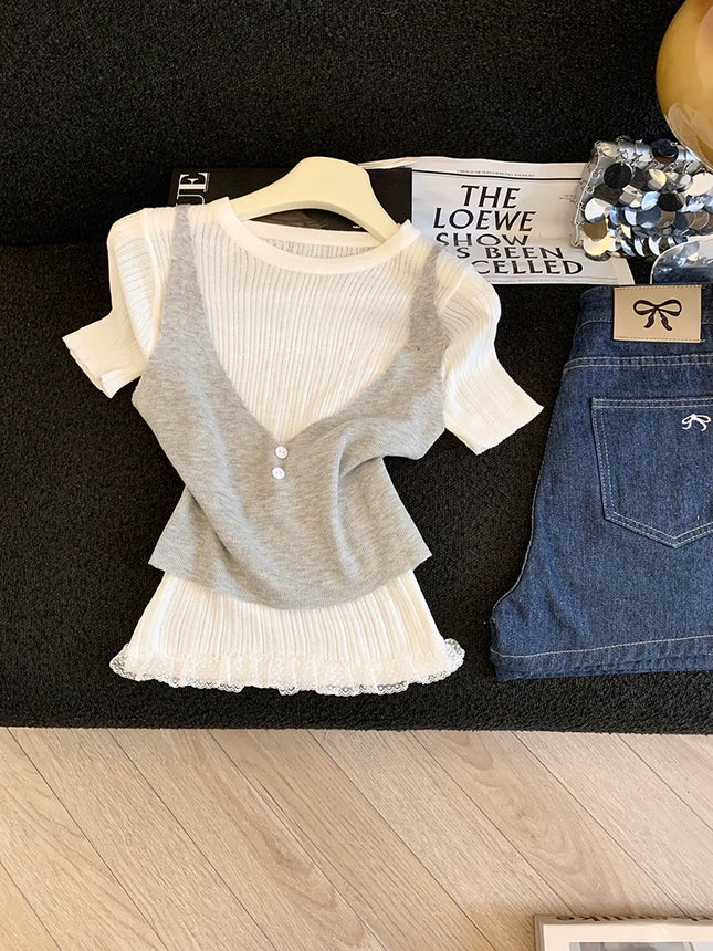 2026 New Fashionable Style, Cool and Cute Lace Splicing Fake Two-piece Short-sleeved Knitted Shirt, Cool and Cute Top