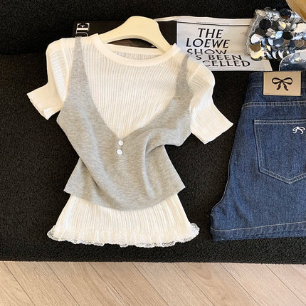 2026 New Fashionable Style, Cool and Cute Lace Splicing Fake Two-piece Short-sleeved Knitted Shirt, Cool and Cute Top