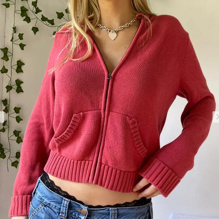 Women’s Full Zip Knit Hoodies Casual Sweaters Solid Color Long Sleeve Drawstring Sweatshirts Cardigan Zip-up Clothing Y2K