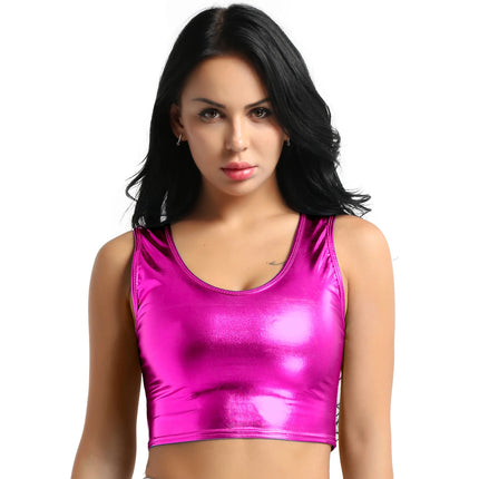 Womens Fashion Shiny Metallic Tank Crop Top Shiny Metallic Vest Tops Bustier Blouse Shirt Camis Rave Party Clubwear Costume